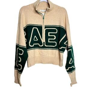 American Eagle AE Logo Quarter-Zip Sweater - Beige/Green Size Medium